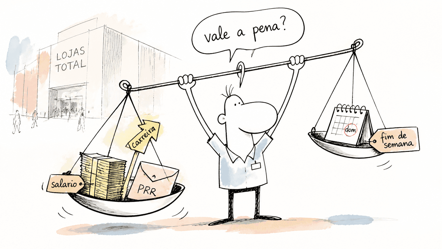 Cartoon de pessoa segurando uma balança que pesa salário, PPR e carreira de um lado e o fim de semana do outro, com a pergunta 'vale a pena?'