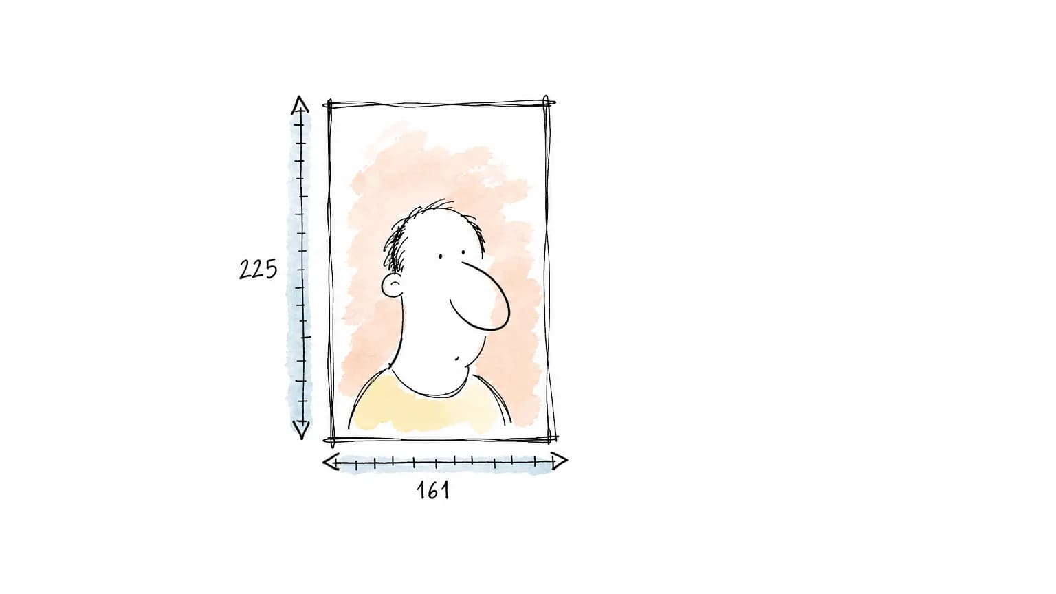 Quadro vertical pequeno com um retrato de traço solto, medido por duas réguas tortas: "161" na base e "225" na lateral esquerda