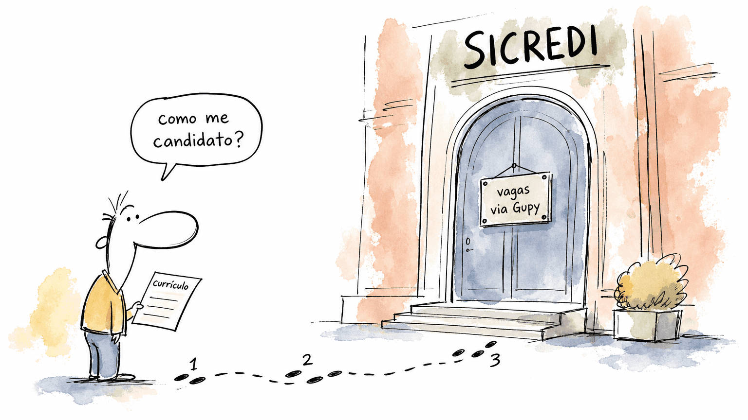 Ilustração de um candidato com currículo diante da porta do Sicredi com vagas via Gupy, seguindo os passos do processo seletivo.
