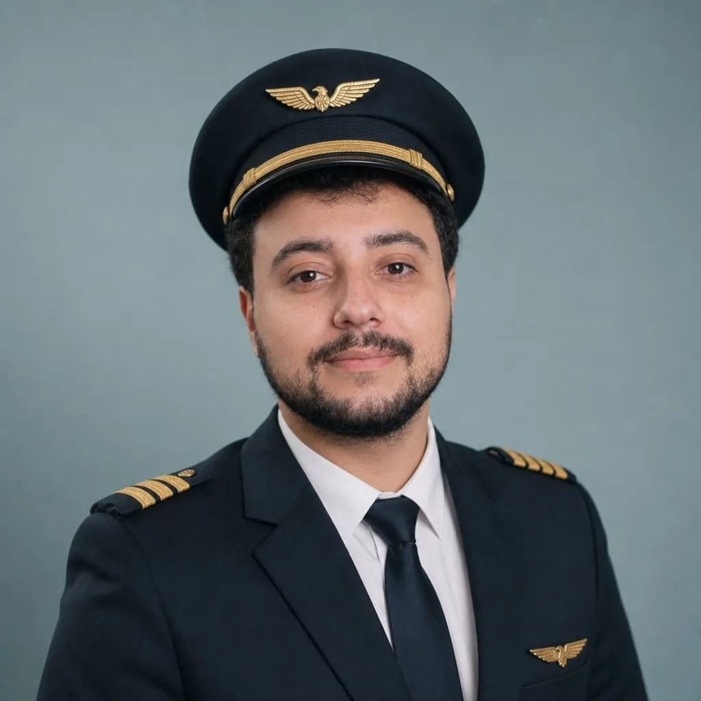 Uniforme de comandante de aviação, camisa branca, ombreiras douradas.